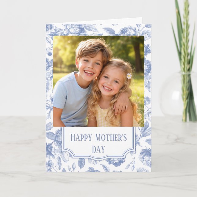 Tarjeta Custom Photo Happy Mother’s Day blue toile (Anverso)