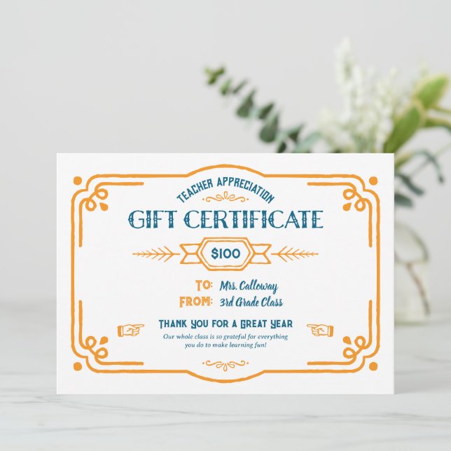 Tarjeta Custom Teacher Appreciation Gift Certificate (Anverso de pie)