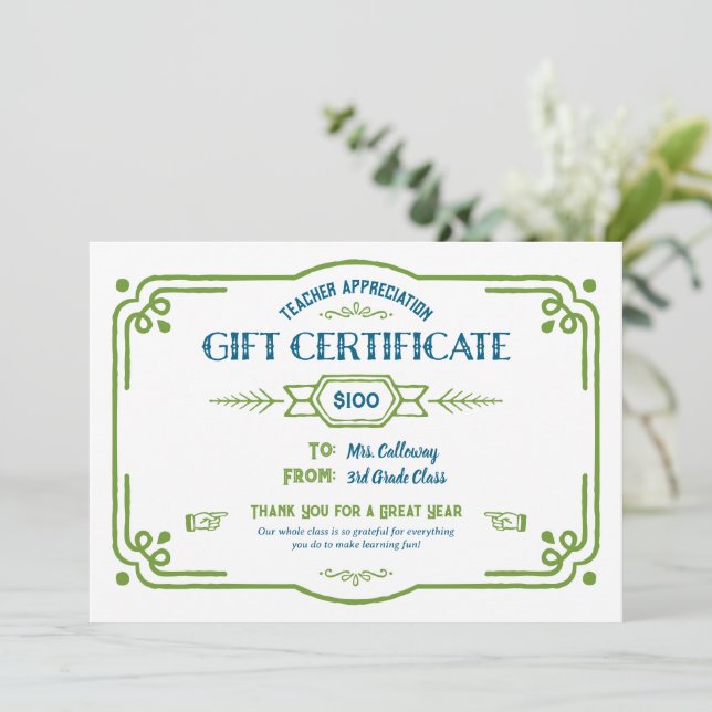Tarjeta Custom Teacher Appreciation Gift Certificate (Anverso de pie)