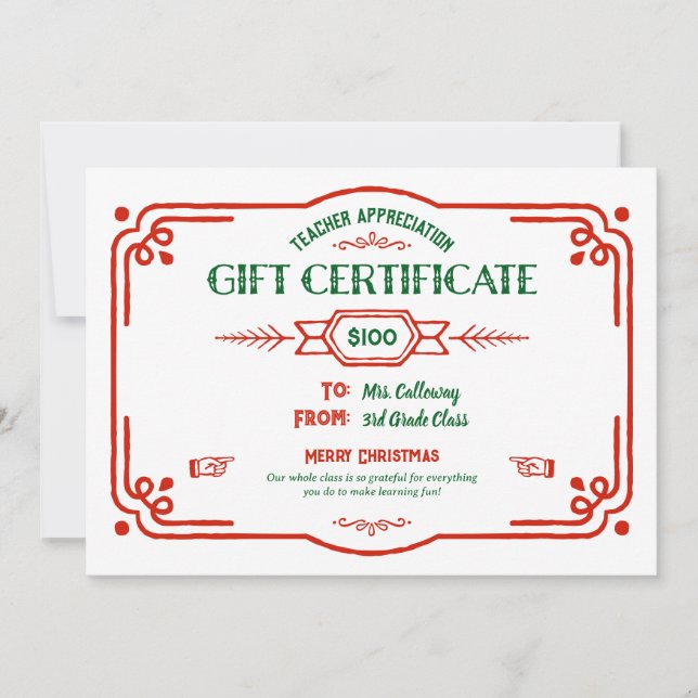 Tarjeta Custom Teacher Appreciation Gift Certificate (Anverso)