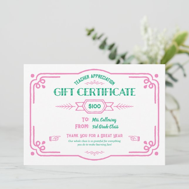 Tarjeta Custom Teacher Appreciation Gift Certificate (Anverso de pie)