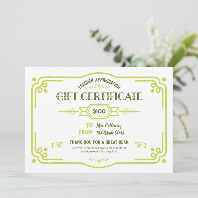 Tarjeta Custom Teacher Appreciation Gift Certificate (Anverso de pie)