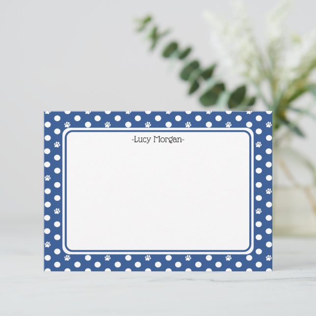 Tarjeta Custom Whimsical Paw Print Polka Dot Blue Note (Anverso de pie)