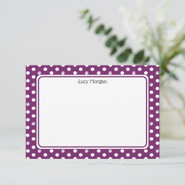 Tarjeta Custom Whimsical Paw Print Polka Dot Purple Note (Anverso de pie)