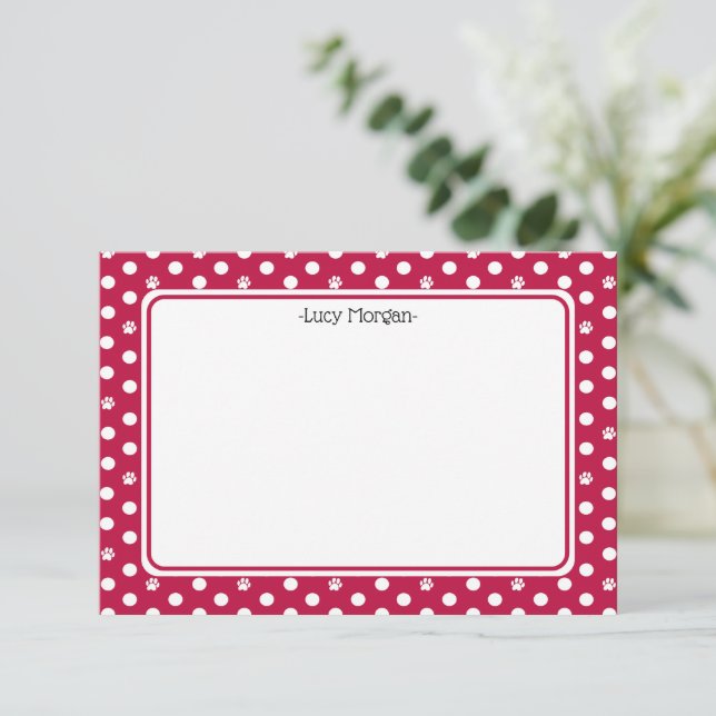Tarjeta Custom Whimsical Paw Print Polka Dot Red Note (Anverso de pie)
