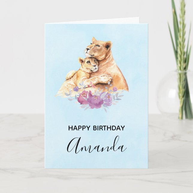 Tarjeta Cuta acuarela madre león y cachorro cumpleaños (Anverso)