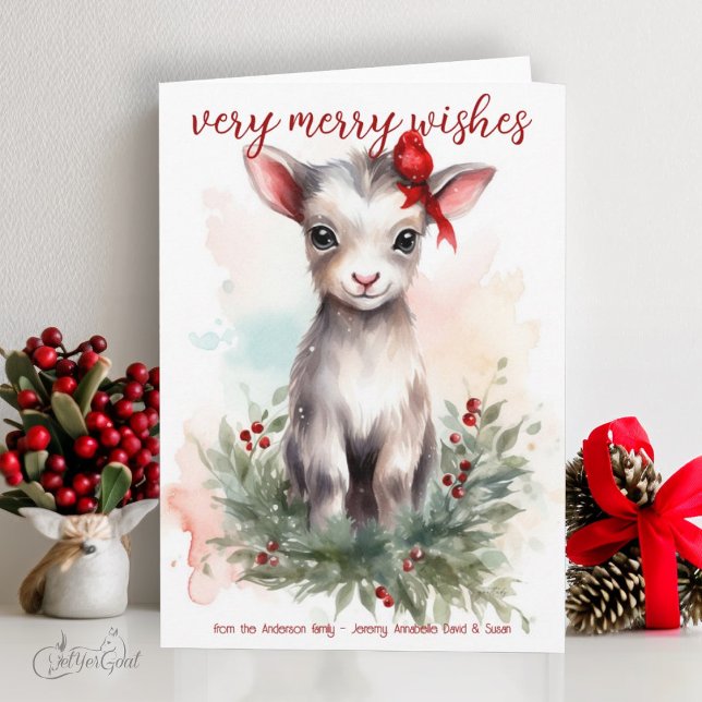 Tarjeta Cuta acuarela Navidades bebés Goat Merry Wiers (goat lover's Christmas Cards - baby goats in watercolor - 6th in a series of 8  #zazzlemade)