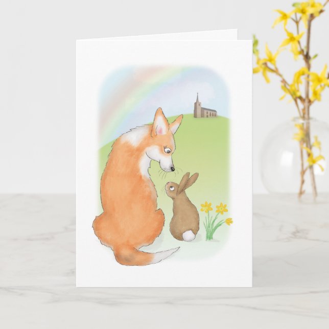 Tarjeta Cuta Corgi y Conejo Pascua (flor amarilla)