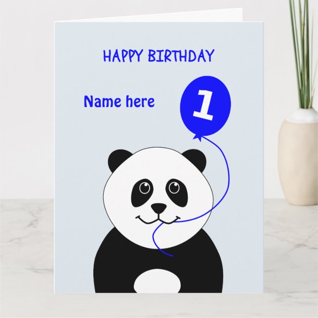 Tarjeta Cute 1er cumpleaños panda añadir nombre azul (Anverso)