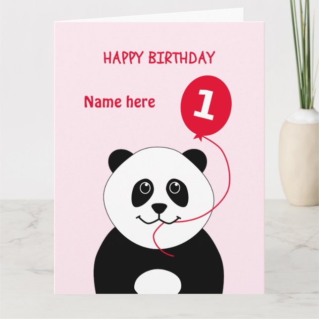 Tarjeta Cute 1er cumpleaños panda añadir nombre rosado (Anverso)