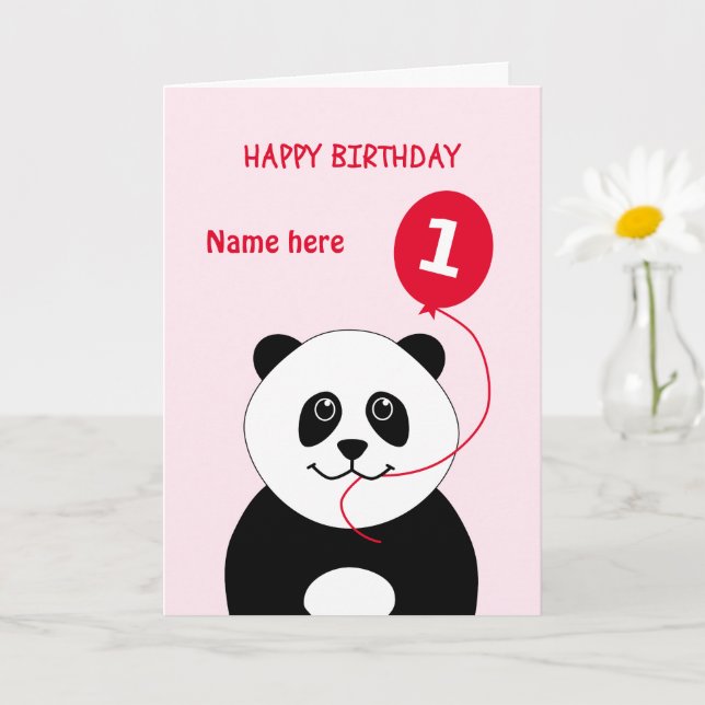 Tarjeta Cute 1er cumpleaños panda añadir nombre rosado (Planta pequeña)