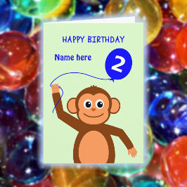 Tarjeta Cute 2º cumpleaños mono añadir nombre azul