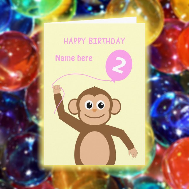 Tarjeta Cute 2º cumpleaños mono añadir nombre rosado (Subido por el creador)