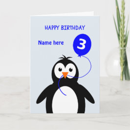 Tarjeta Cute 3 cumpleaños pingüino añadir nombre azul