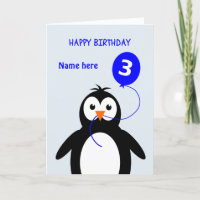 Cute 3 cumpleaños pingüino añadir nombre azul