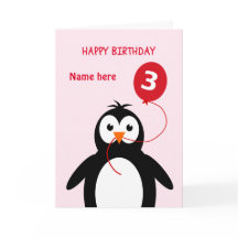 Cute 3 cumpleaños pingüino añadir nombre rosado