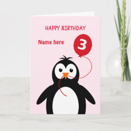 Tarjeta Cute 3 cumpleaños pingüino añadir nombre rosado