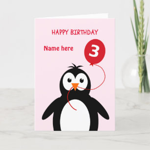 Tarjeta Cute 3 cumpleaños pingüino añadir nombre rosado