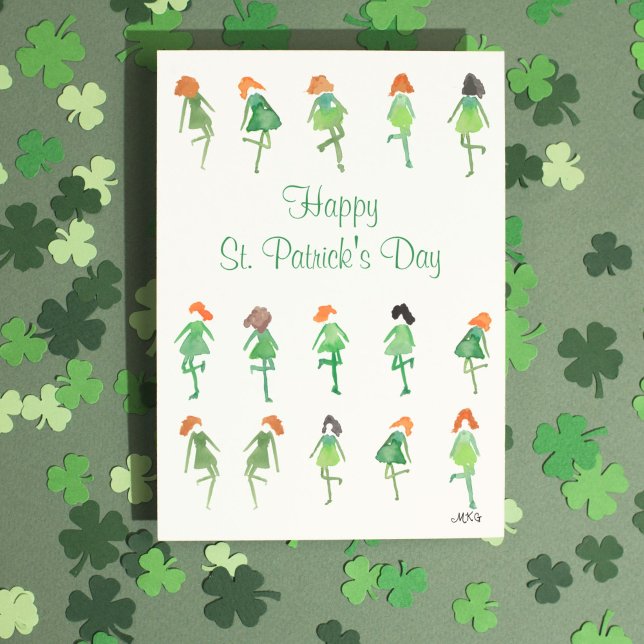 Tarjeta Cute acuarela bailarinas irlandesas Día de San Pat (This St. Patrick's Day card features my own cute hand-drawn watercolor Irish dancers.)