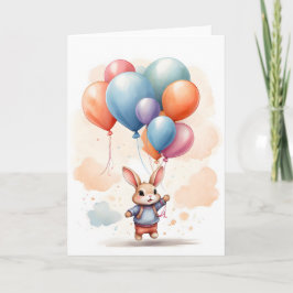 Tarjeta Cute acuarela conejo conejo gran globo blanco