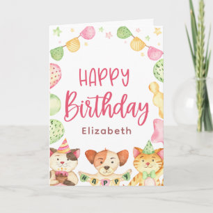 Tarjeta Cute acuarela Feliz cumpleaños, Fiesta animal