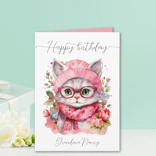 Tarjeta Cute acuarela Floral Cat Abuela Feliz cumpleaños