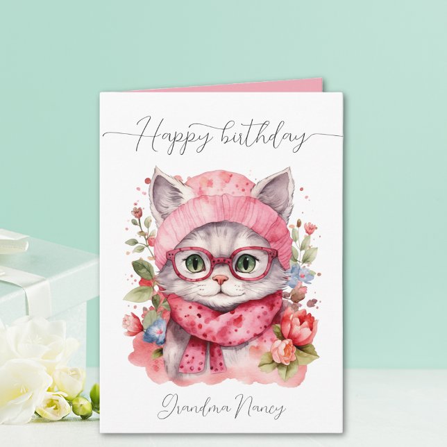 Tarjeta Cute acuarela Floral Cat Abuela Feliz cumpleaños (Cute Watercolor Floral Cat Grandma Happy Birthday Card)