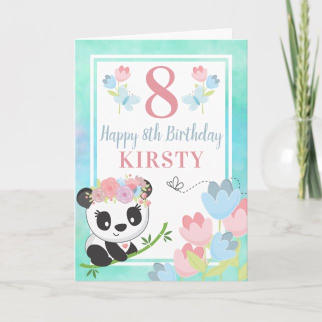 Tarjeta Cute acuarela Floral Spring Panda Kids Cumpleaños (Anverso)
