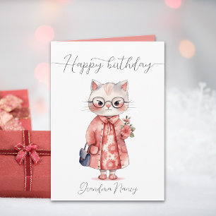 Tarjeta Cute acuarela Granny Cat Feliz cumpleaños