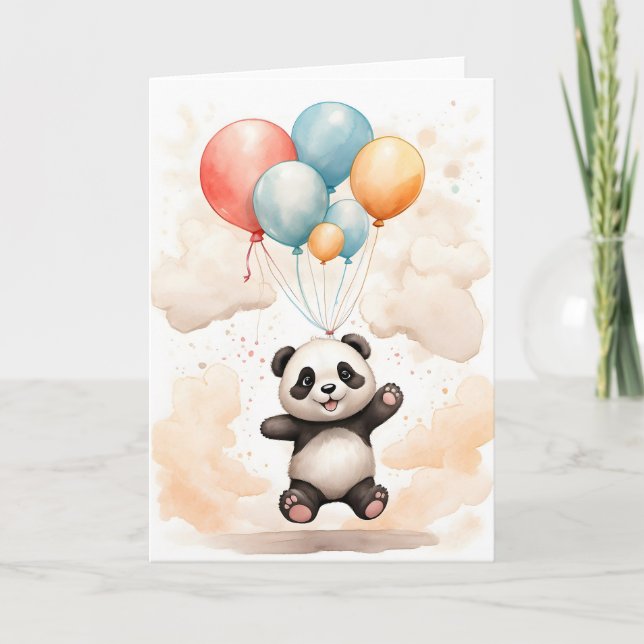 Tarjeta Cute acuarela Panda Globos azules amarillos en bla (Anverso)