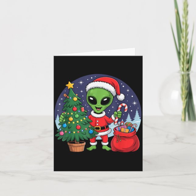 Tarjeta Cute Alien Christmas Tree Lights Xmas Holidays Win (Anverso)