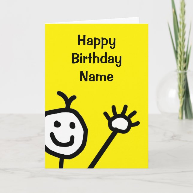 Tarjeta Cute Amarillo Pequeño Cara Sonriente agitando cump (Anverso)