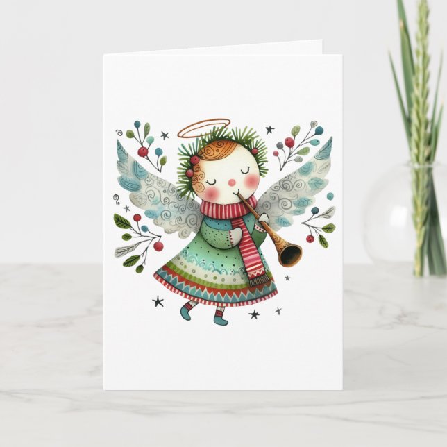 Tarjeta Cute Angel Folk Estilo Arte Feliz Navidad (Anverso)