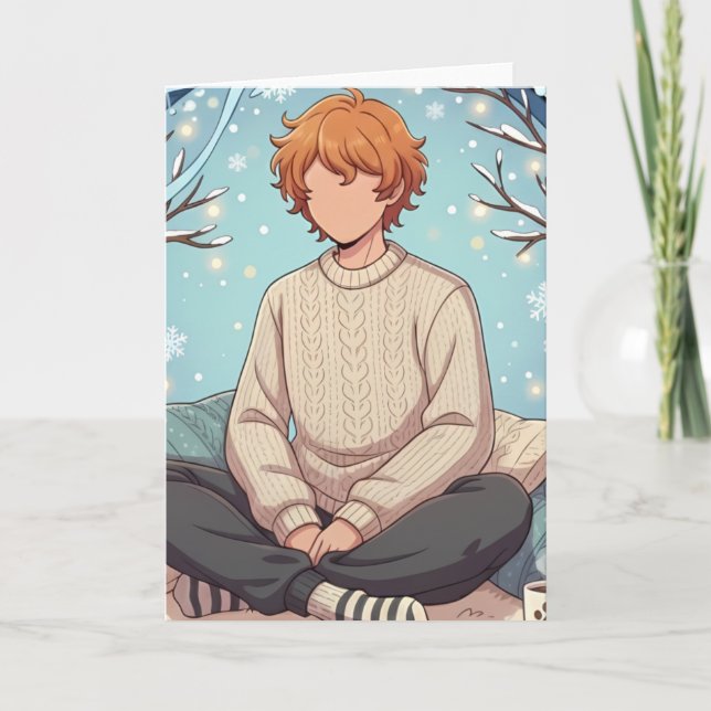 Tarjeta Cute Anime Boy Drinking Coffee in Winter (Anverso)