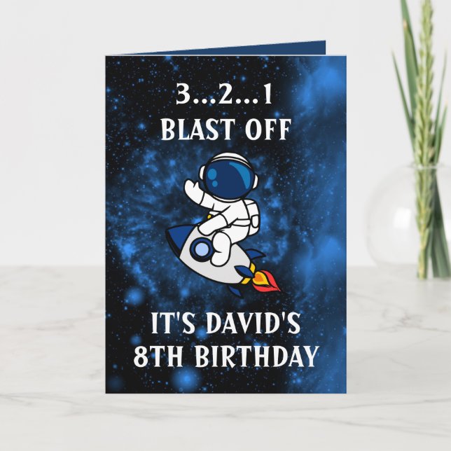 Tarjeta Cute Astronaut Blue Black Galaxy 8th Birthday (Anverso)