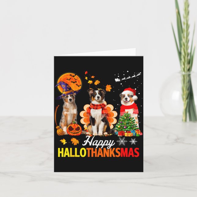 Tarjeta Cute Australian Shepherd Happy Hallothanksmas Xmas (Anverso)