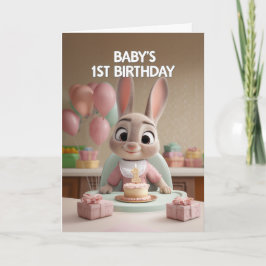 Tarjeta Cute Baby Bunny in Pink Celebrating 1st Birthday