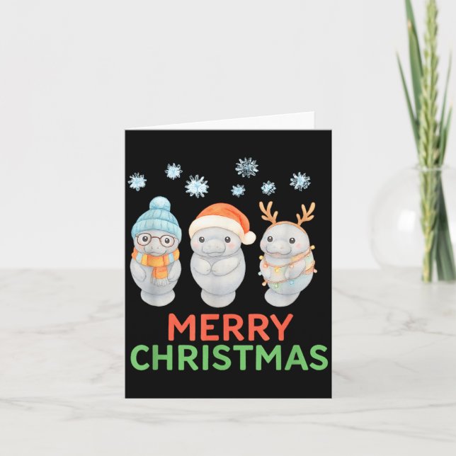 Tarjeta Cute Baby Manatee Santa Reindeer Christmas Manatee (Anverso)