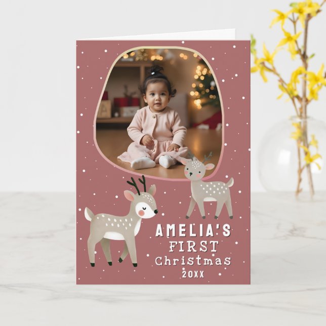 Tarjeta Cute Baby's 1st Christmas Photo Reindeer Holiday (flor amarilla)
