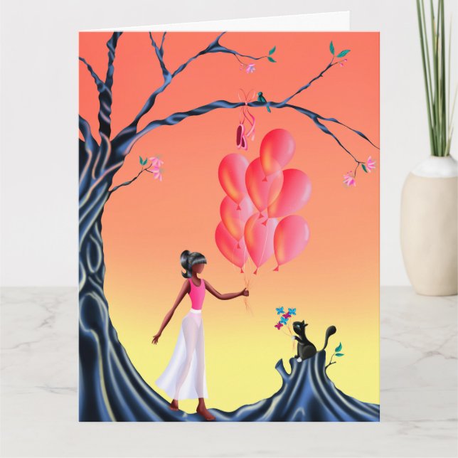 Tarjeta Cute Ballerina & Cat Sunset Tree Greetings (Anverso)