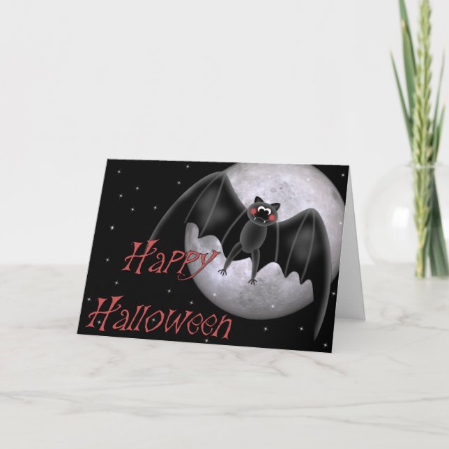 Tarjeta Cute Bat & Bright Moon Happy Halloween Card (Anverso)