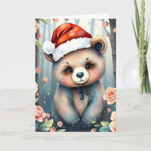 Tarjeta Cute Bear in Christmas hat Christmas card (Anverso)