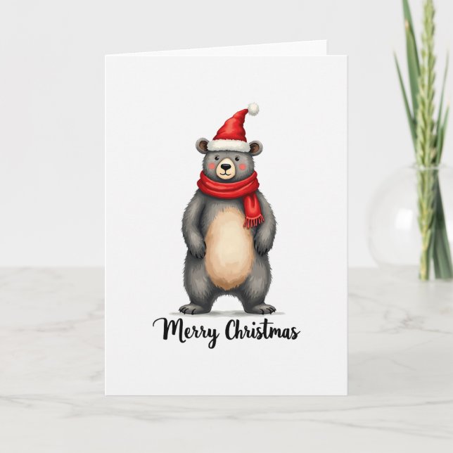 Tarjeta Cute Bear Santa Hat Scarf Merry Christmas Card Art (Anverso)