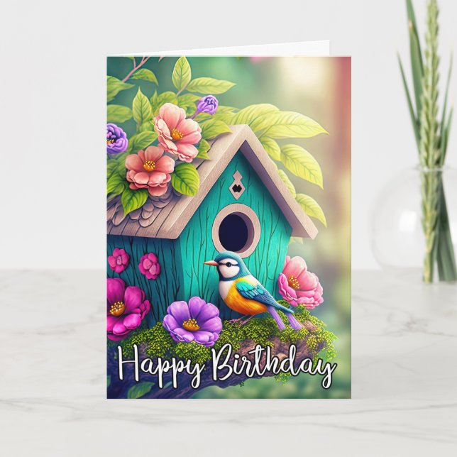Tarjeta Cute Birdwatchers Ilustracion de Birdhouse (Anverso)