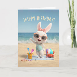 Tarjeta Cute Birthday Bunny in Polka Dot Swimsuit at Beach