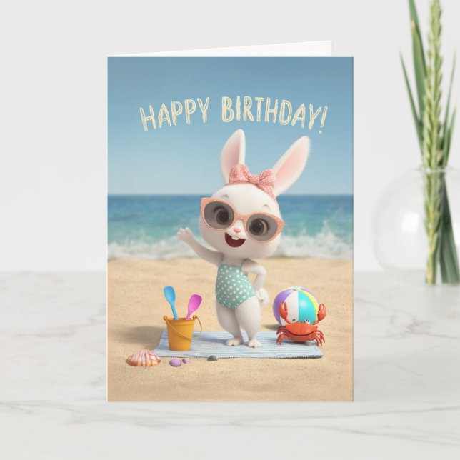 Tarjeta Cute Birthday Bunny in Polka Dot Swimsuit at Beach (Anverso)