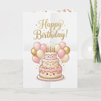 Tarjeta Cute Birthday Card | Pink & Gold Cake Balloons🎉