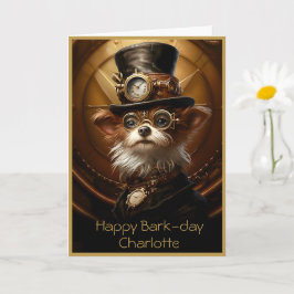 Tarjeta Cute Birthday Yorkie Steampunk Nombre personalizad