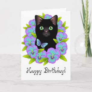 Tarjeta Cute Black Cat Floral Magic Happy Birday card