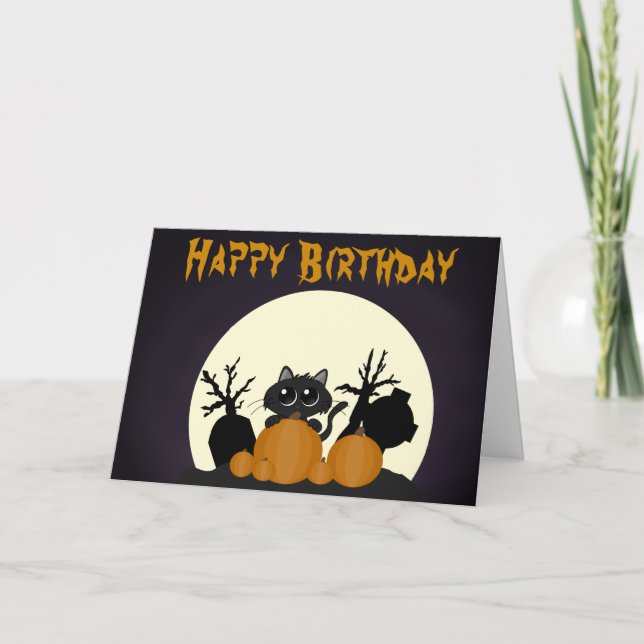 Tarjeta Cute Black Cat Graveyard Halloween Cumpleaños (Anverso)